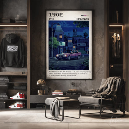 retro style wall art featuring a Mercedes 190E in a nighttime urban setting with sleek frame