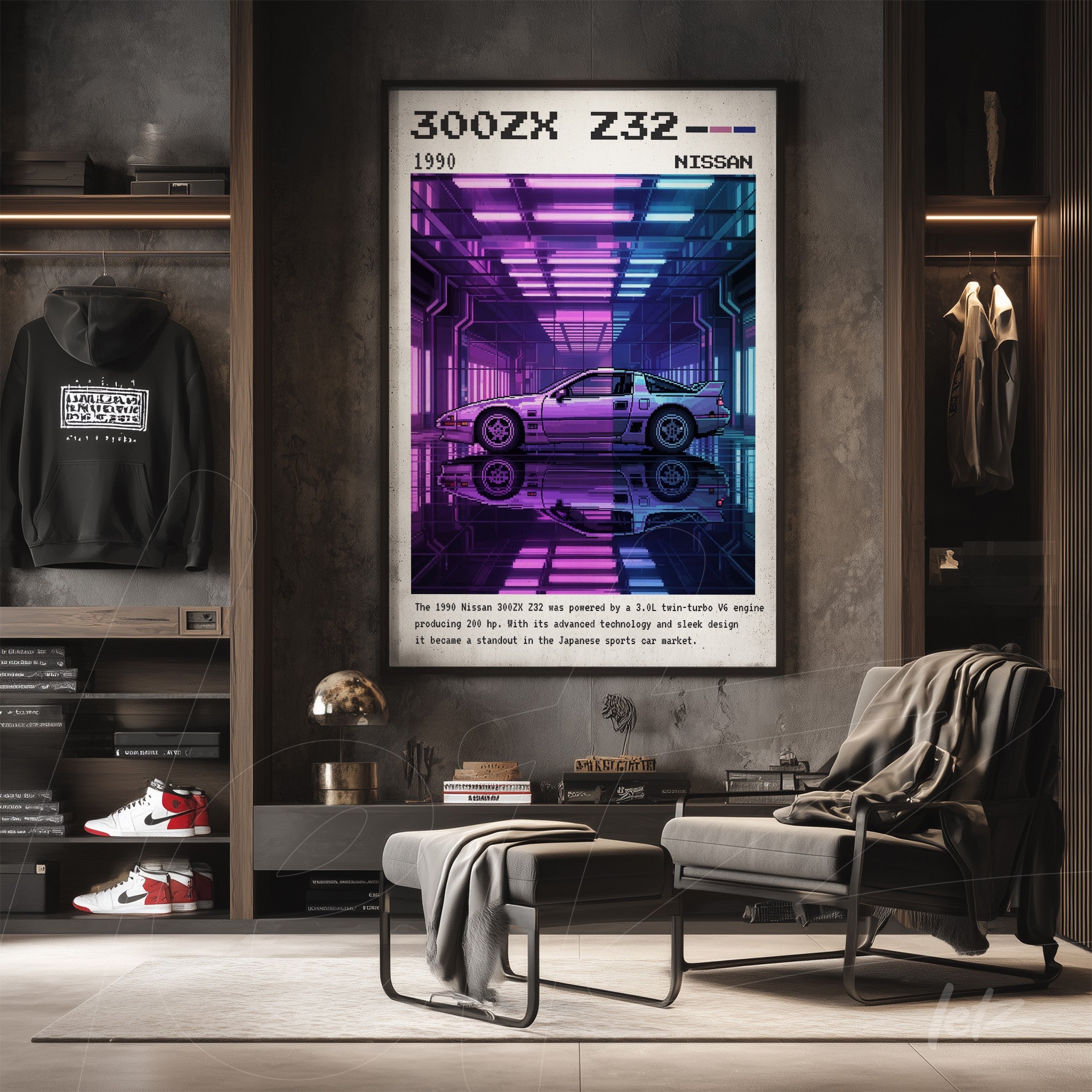 retro artwork of Nissan 300ZX Z32 displayed in a modern setting