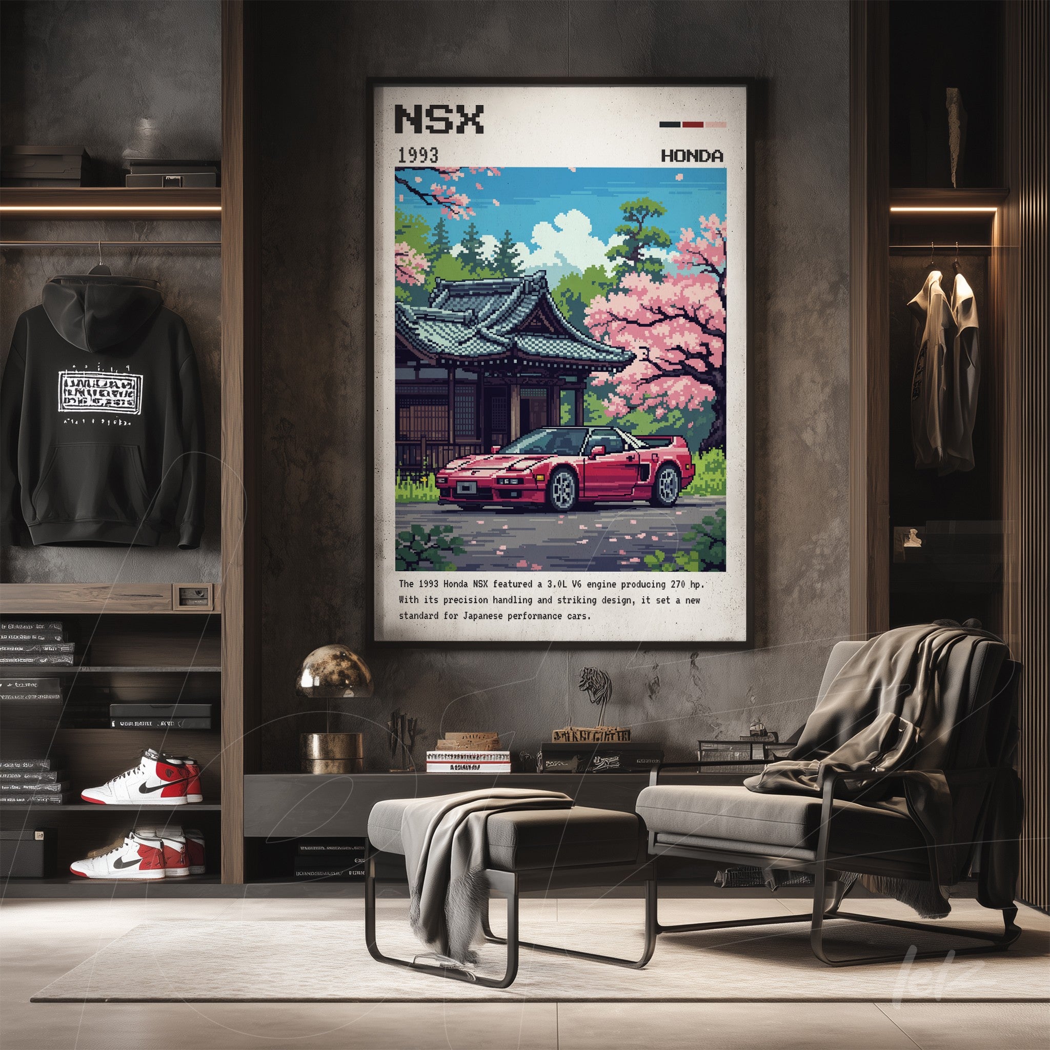 retro style framed art of a red Honda NSX parked in front of a Japanese temple with cherry blossoms and a backdrop of trees
