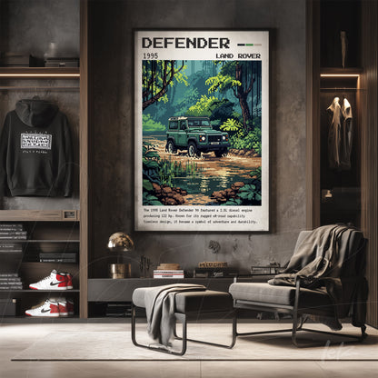retro style framed artwork of a Land Rover Defender in a natural landscape with lush vegetation