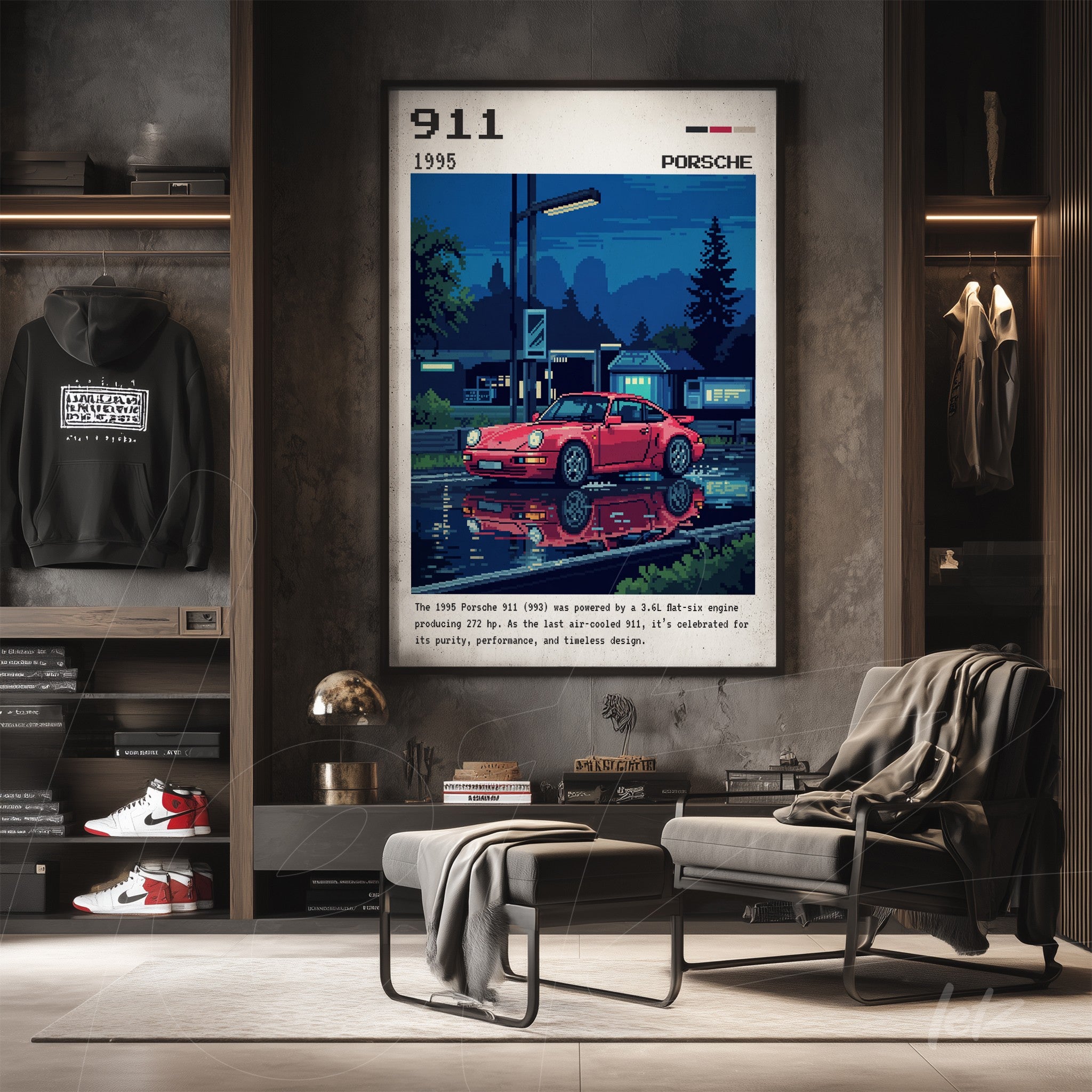 framed wall art featuring a retro-style digital illustration of a red Porsche 911 against a nighttime backdrop