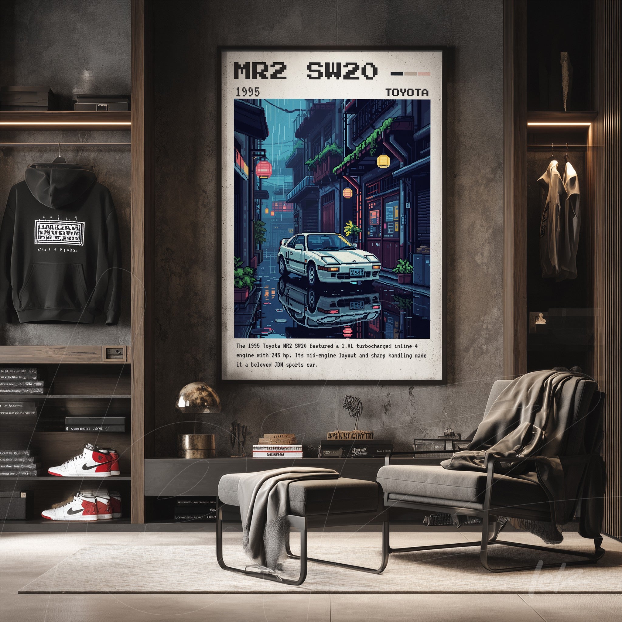 retro-style wall art of the 1995 Toyota MR2 SW20 in dark frame with urban background