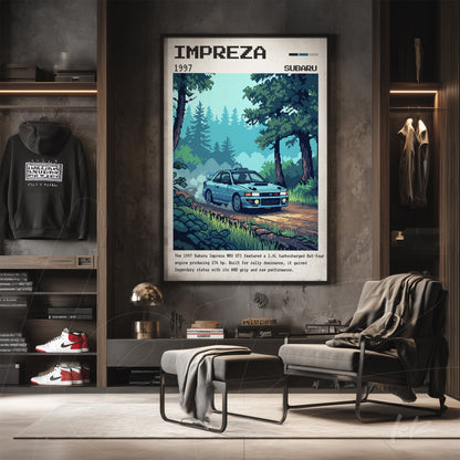 retro style wall art featuring a Subaru Impreza on a forest road with a green background