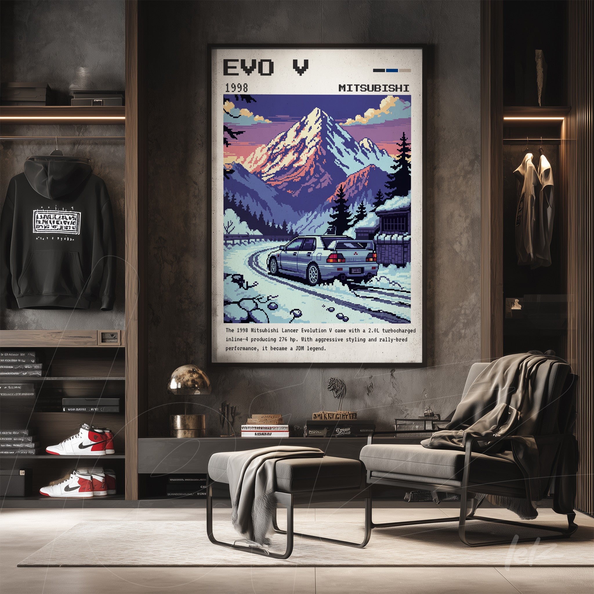 framed retro art of the Mitsubishi Lancer Evolution V with mountains in the background and snow on the road