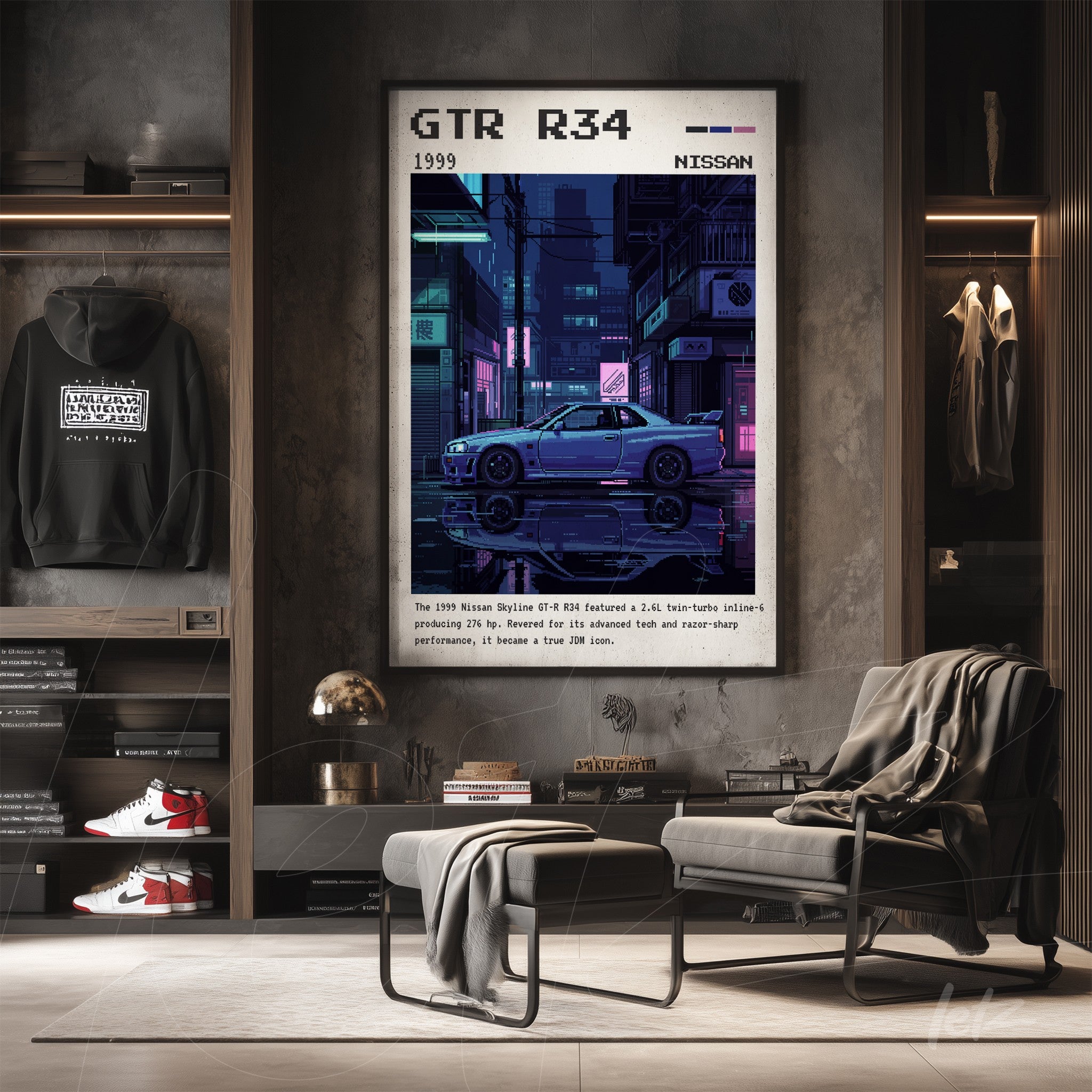 framed digital art of Nissan GTR R34 in retro style displayed on a concrete wall
