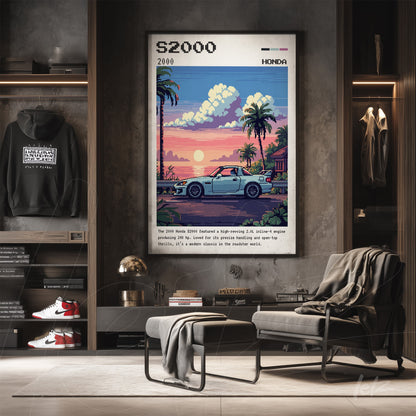 pixel art framed wall art of a Honda car under a sunset, displayed on a gray wall with wooden shelf