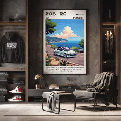 retro style wall art featuring Peugeot 206 RC car with light frame on a brick wall