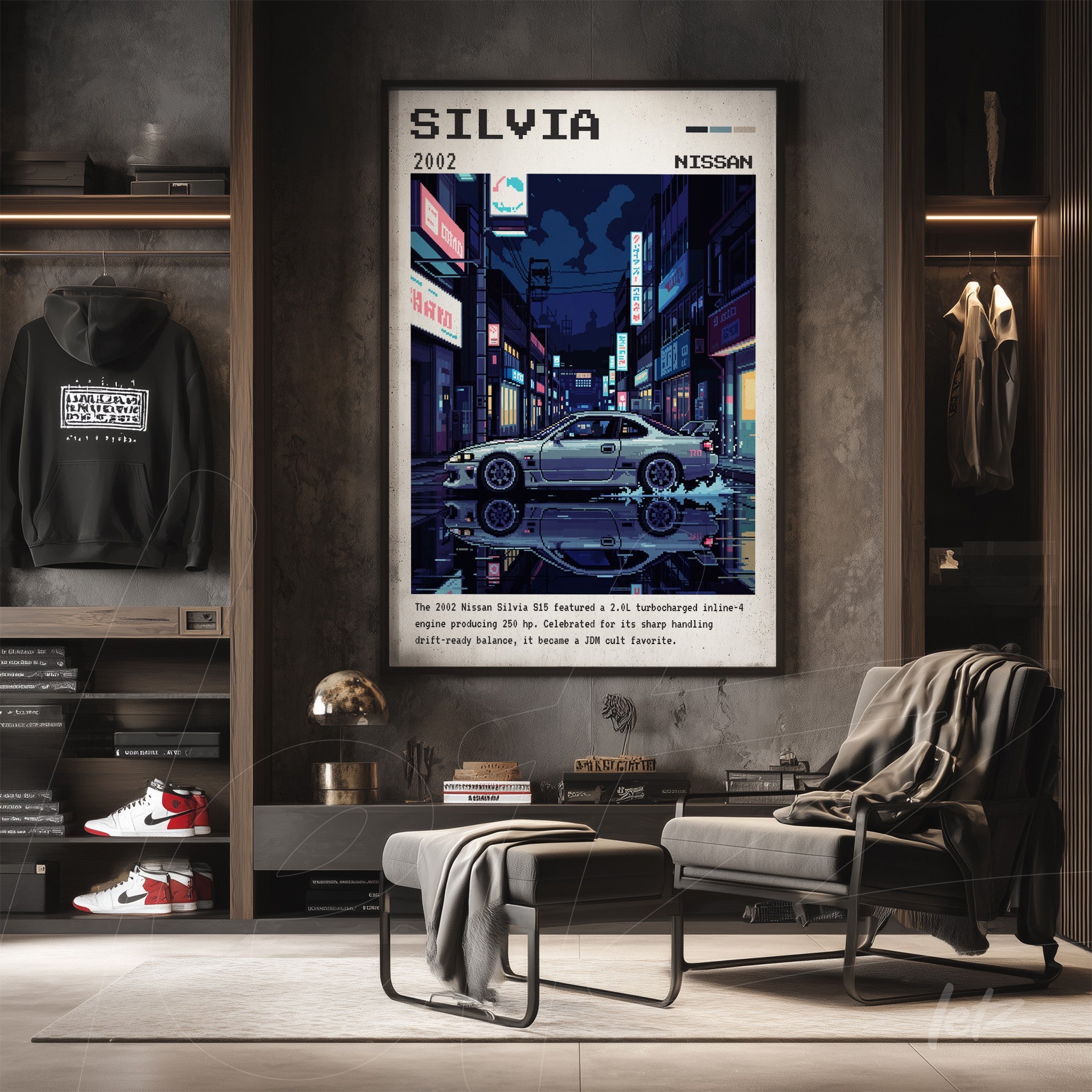 framed digital art of a Nissan Silvia in retro style displayed on a brightly lit storefront wall at night