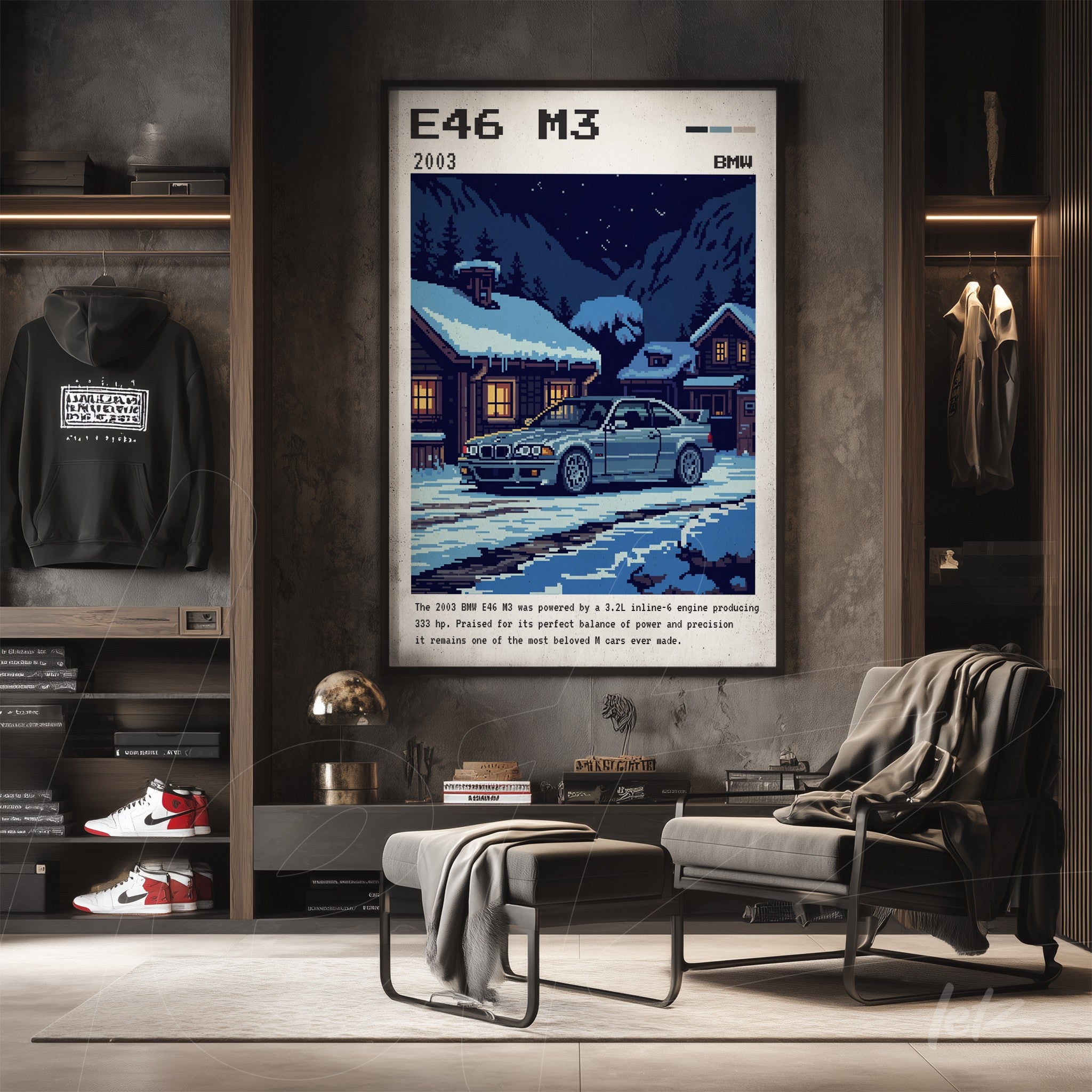 framed pixel art of 2003 BMW E46 M3 displayed in a modern setting