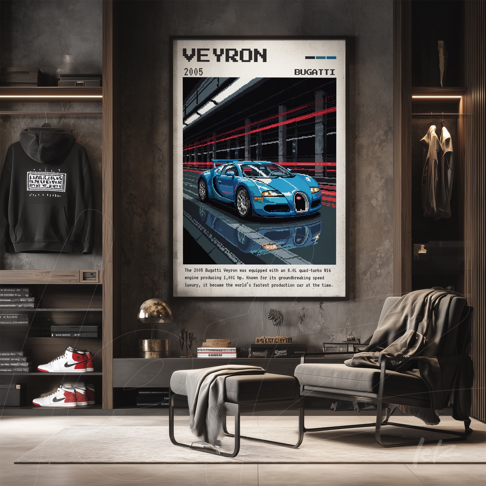digital art print of Bugatti Veyron car in a sleek frame displayed on a dark wall