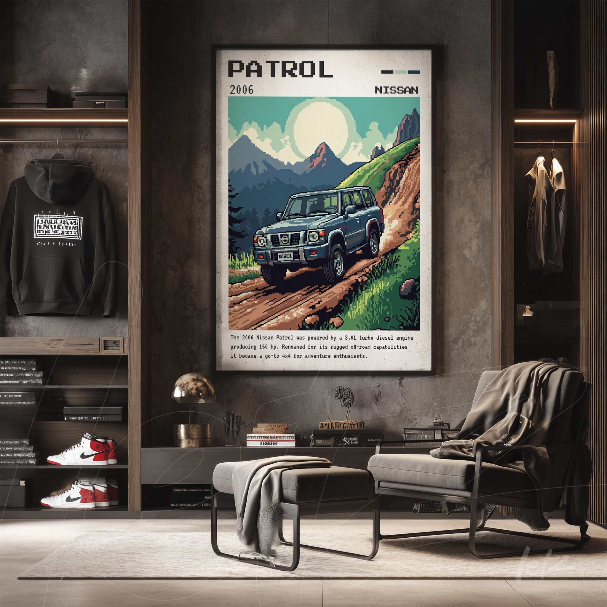 decorative art print featuring a retro illustration of a 2006 Nissan Patrol in a mountainous landscape with dark frame and vintage style details