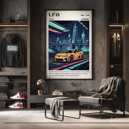 retro style wall art featuring a yellow sports car in a futuristic cityscape with dark frame