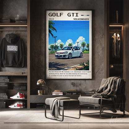 retro style framed artwork featuring the 2010 Golf GTI illustration with a black frame displayed in a modern setting with a sofa and clothing
