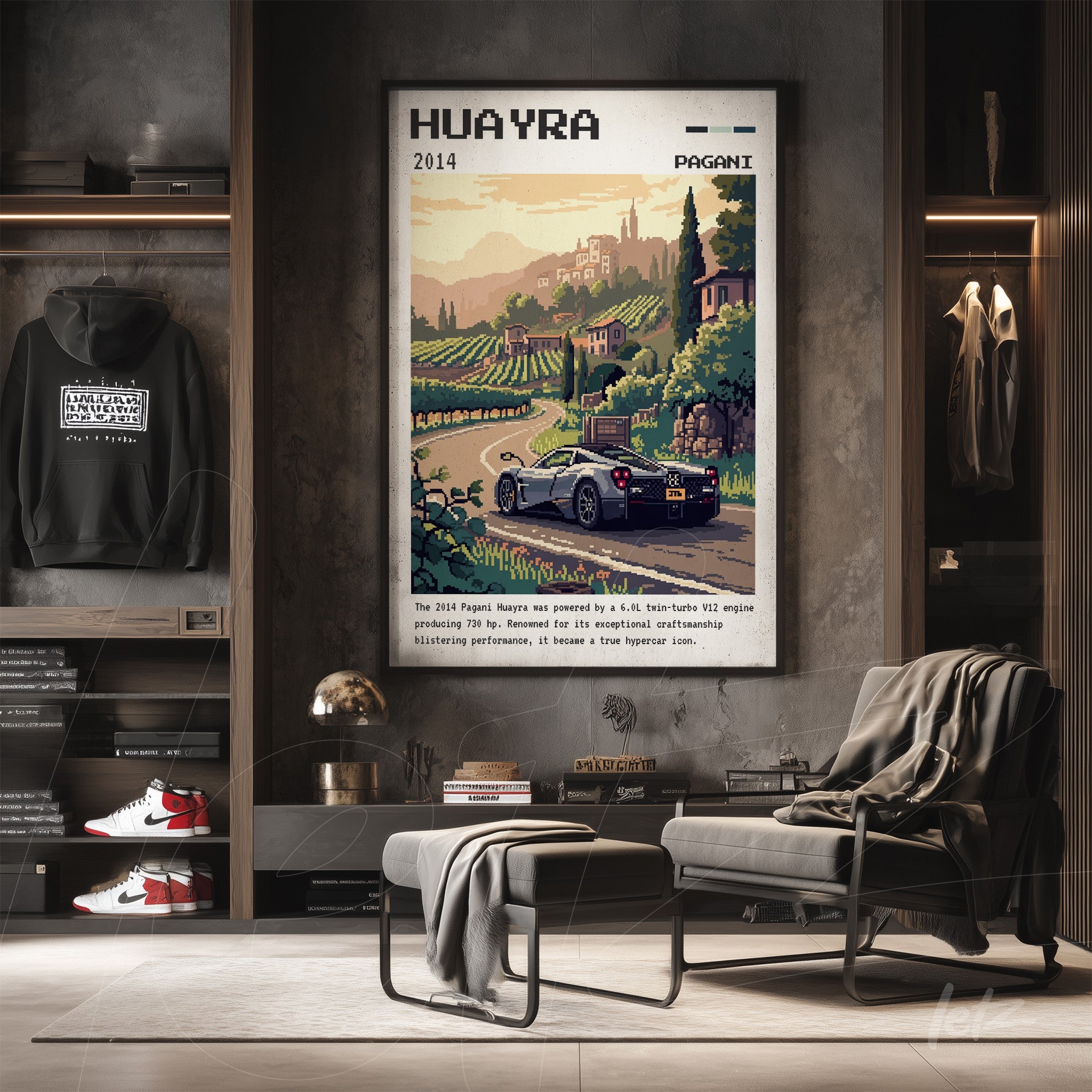 framed art print featuring an illustration of the Pagani Huayra against an Italian landscape with winding roads and hills in the background