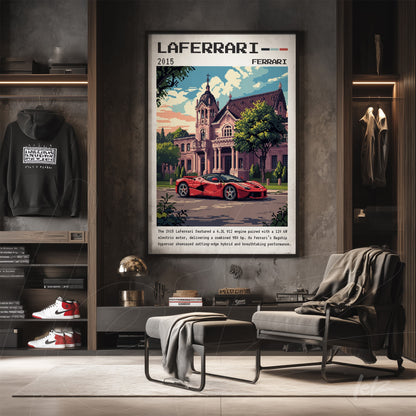 framed wall art featuring a digital illustration of the LaFerrari car in front of a mansion with a dark frame