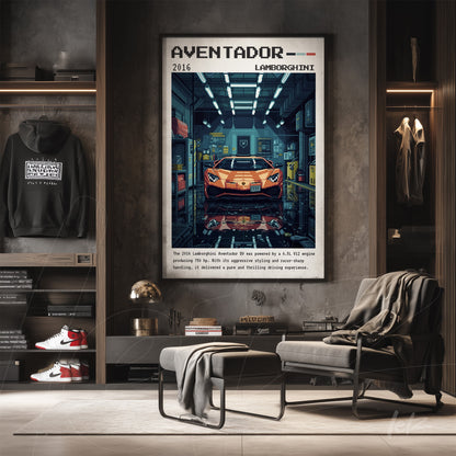 retro style wall art featuring Lamborghini Aventador in a modern garage with dark frame