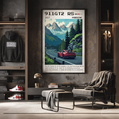 framed wall art featuring retro style illustration of Porsche 911 GT2 RS with mountains in the background displayed on a gray wall