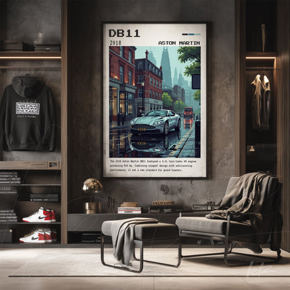 framed artwork featuring the aston martin db11 in an urban setting with skyscrapers in the background