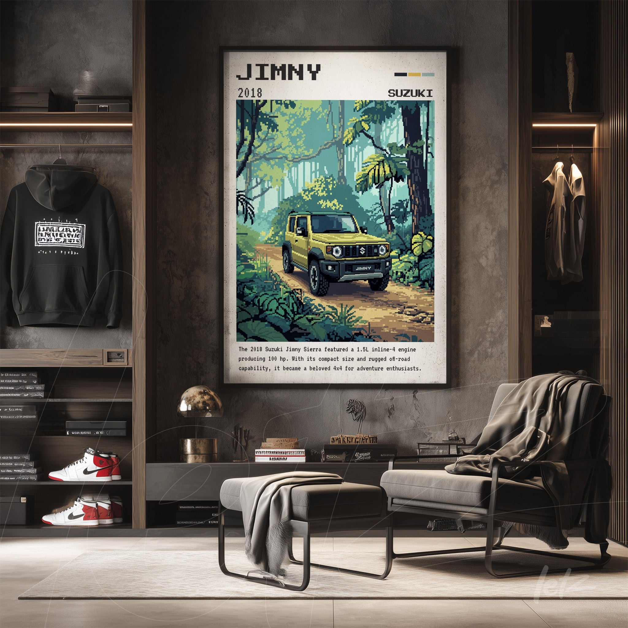 retro style framed art of a Suzuki Jimny vehicle in a forest setting