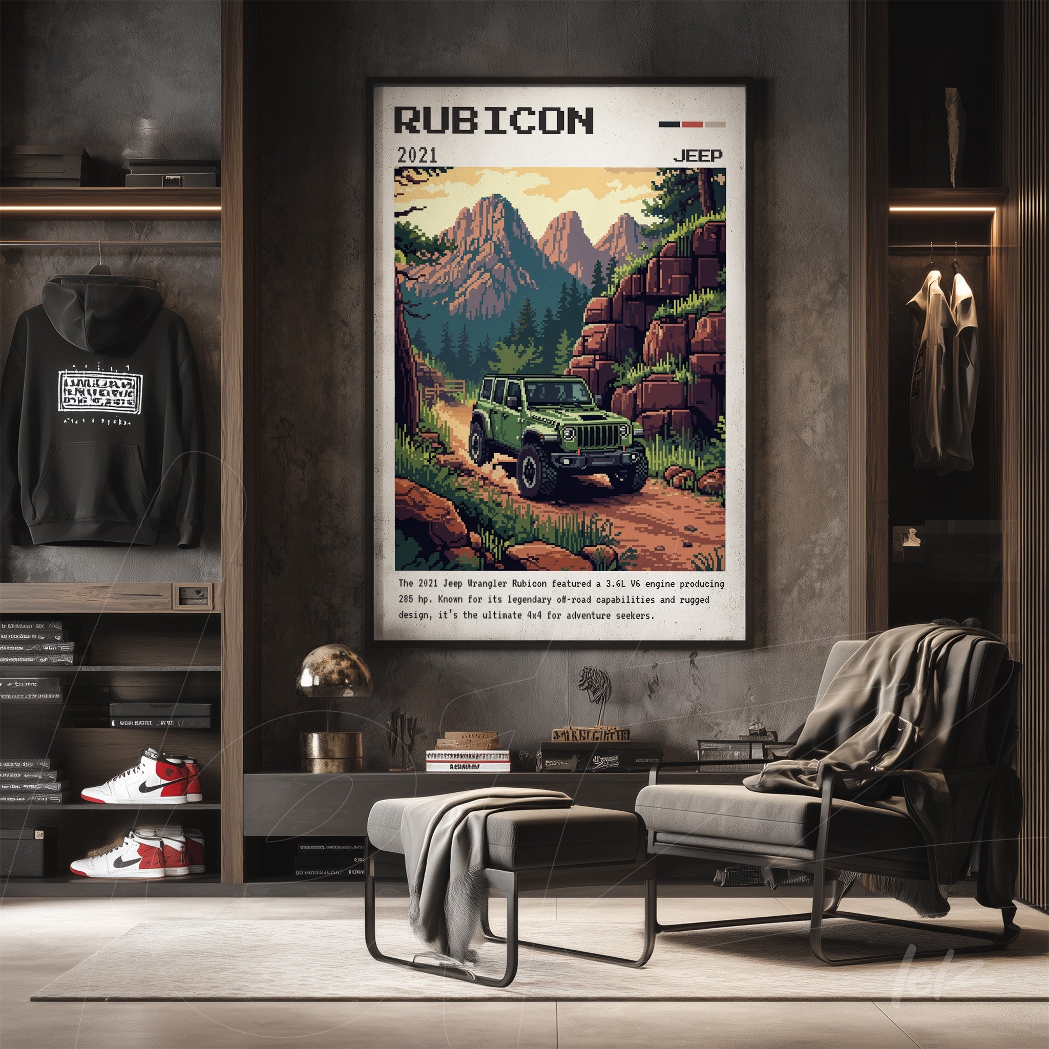 retro style framed art of the 2021 Jeep Rubicon displayed against a wooden wall