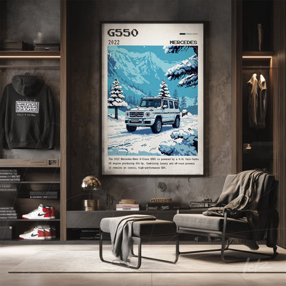 canvas wall art featuring a vintage illustration of a Mercedes G550 in a snow-covered mountain landscape