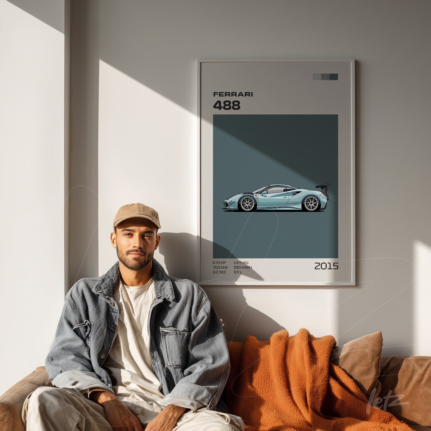 framed artwork featuring a stylized illustration of a ferrari 488 against a muted green background with soft lighting