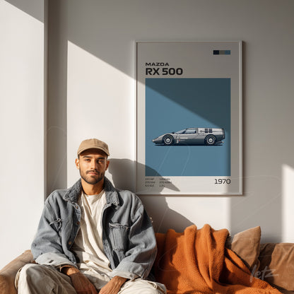 framed graphic art of the mazda rx 500 in white frame displayed on a light wall next to a man sitting