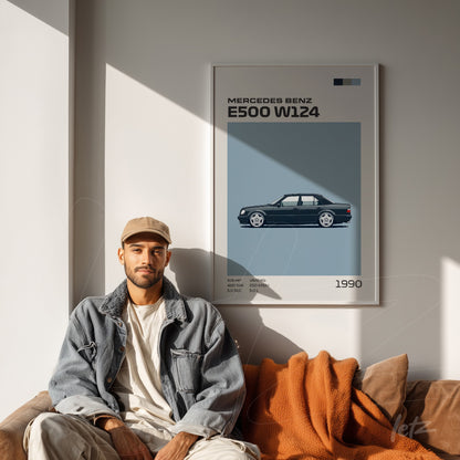 framed wall art featuring an illustration of a Mercedes Benz E500 W124 displayed above a sofa with terracotta cushions