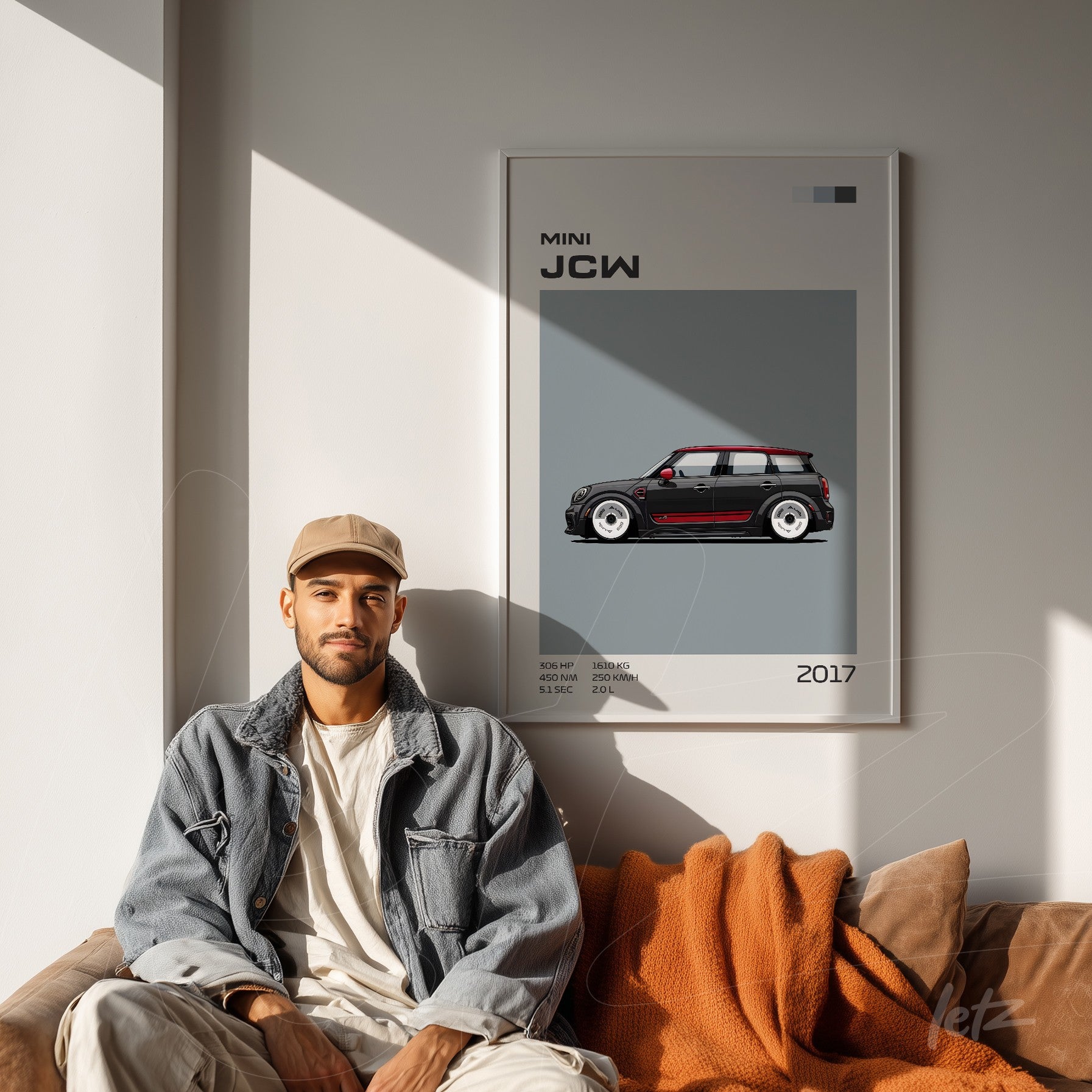 framed wall art featuring digital illustration of Mini JCW car, displayed on light wall