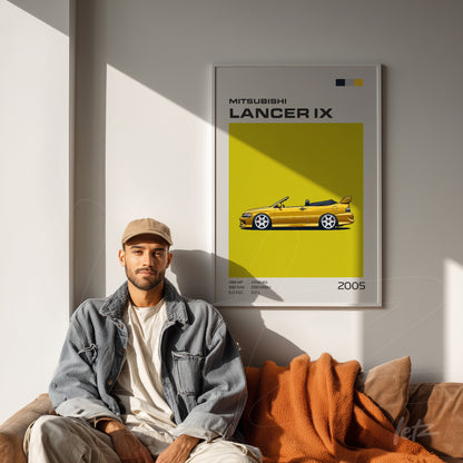 framed art print featuring an illustration of the Mitsubishi Lancer IX on a vibrant yellow background displayed over a brown sofa