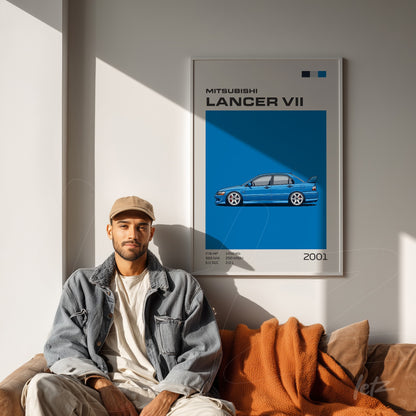 framed wall art featuring an illustration of the Mitsubishi Lancer VII against a blue background, displayed on a light wall with a seated person on a sofa