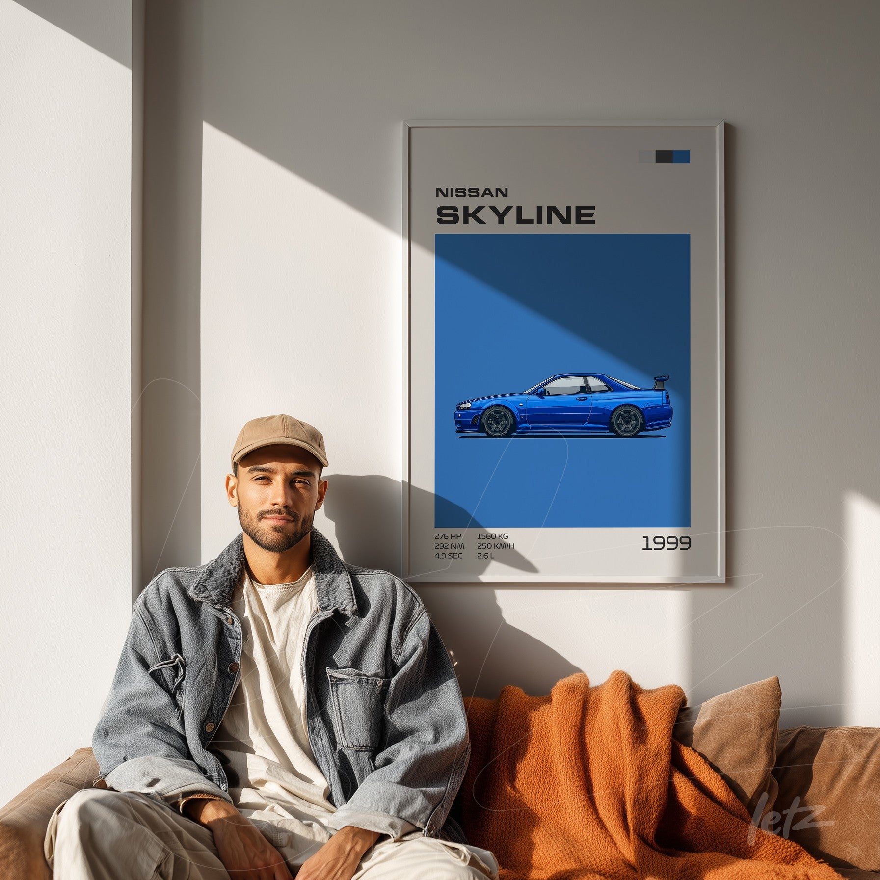 framed digital art of a blue Nissan Skyline car on a gray wall