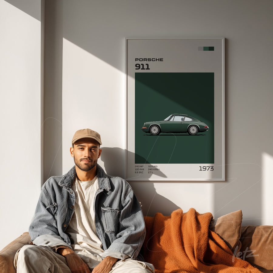 framed artwork of Porsche 911 illustration with green background displayed in a bright room