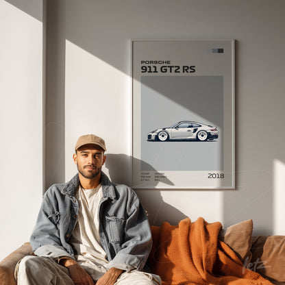minimalist style framed art featuring illustration of Porsche 911 GT2 RS on light wall behind a man sitting on a sofa