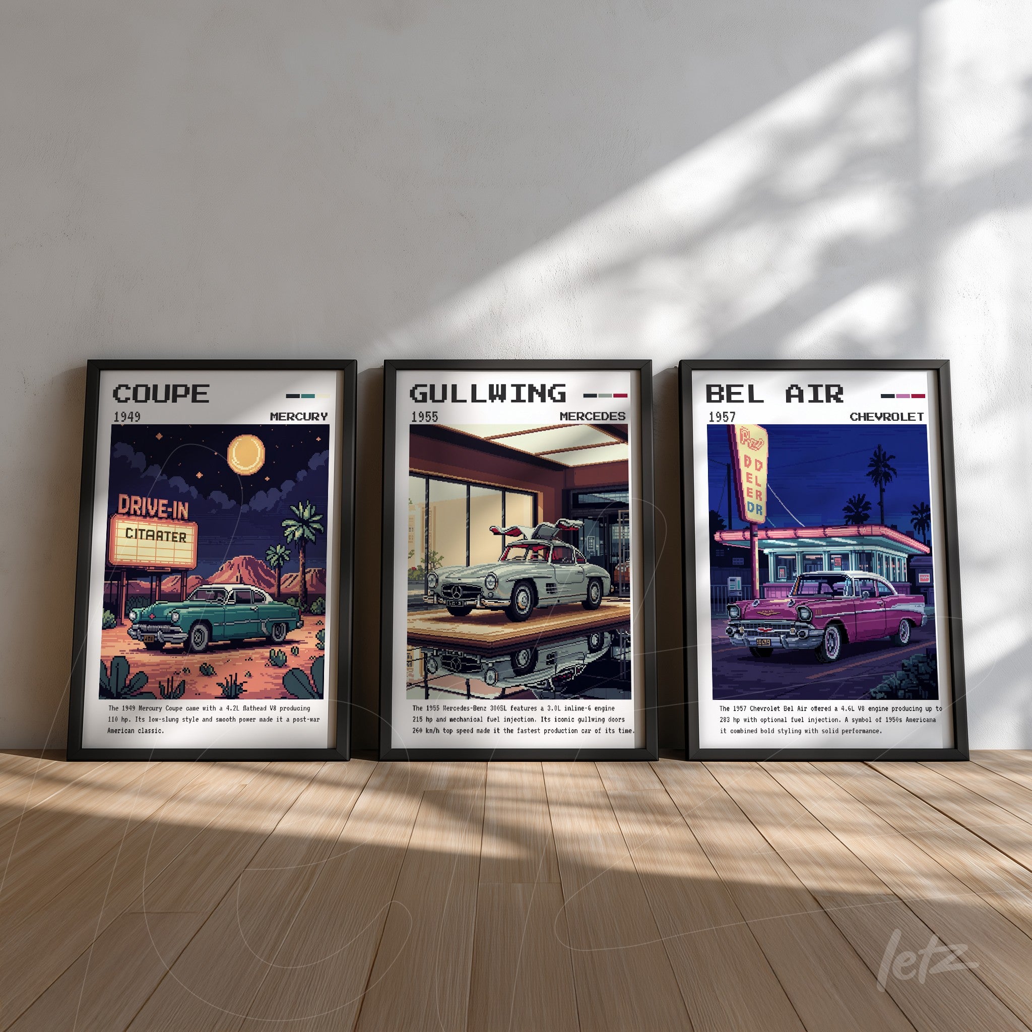triptych of framed vintage illustrations featuring classic cars, including a 1949 mercury coupe, a 1955 mercedes gullwing, and a 1957 chevrolet bel air, displayed on wooden floor