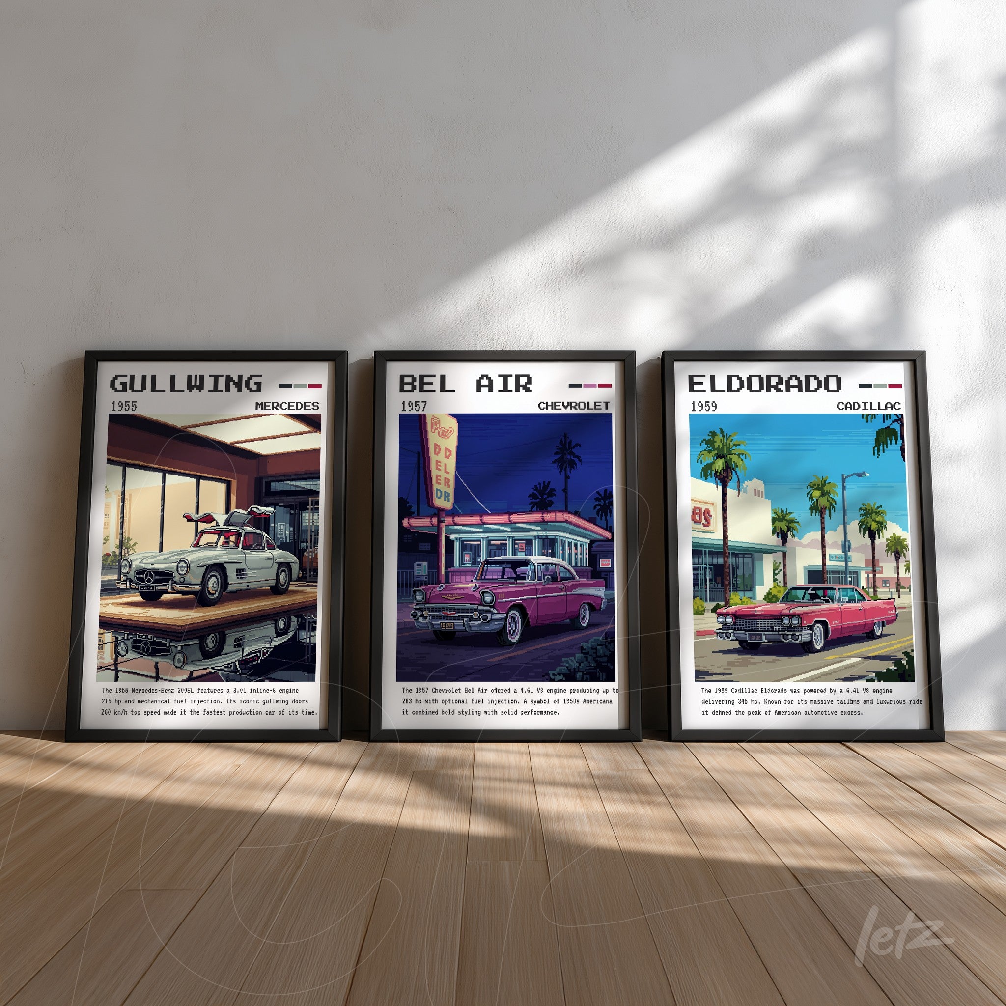 framed wall art collection featuring retro classics including the 1955 Mercedes Gullwing, 1957 Chevrolet Bel Air, and 1959 Cadillac Eldorado displayed against a light wood background