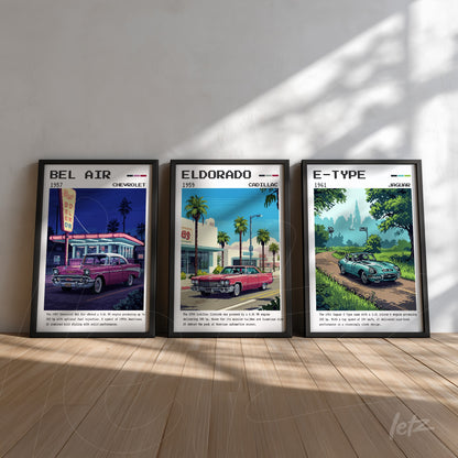 set of three framed vintage illustrations of classic cars featuring a 1957 bel air in a diner, a 1959 eldorado in front of a shop, and a 1961 e-type on a tree-lined road with black frames