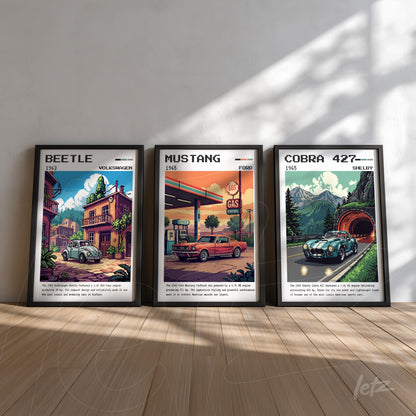 set of framed wall art featuring vintage illustrations of classic cars, including a volkswagen beetle, a ford mustang, and a shelby cobra 427 with black frames and a bright background in a well-lit setting
