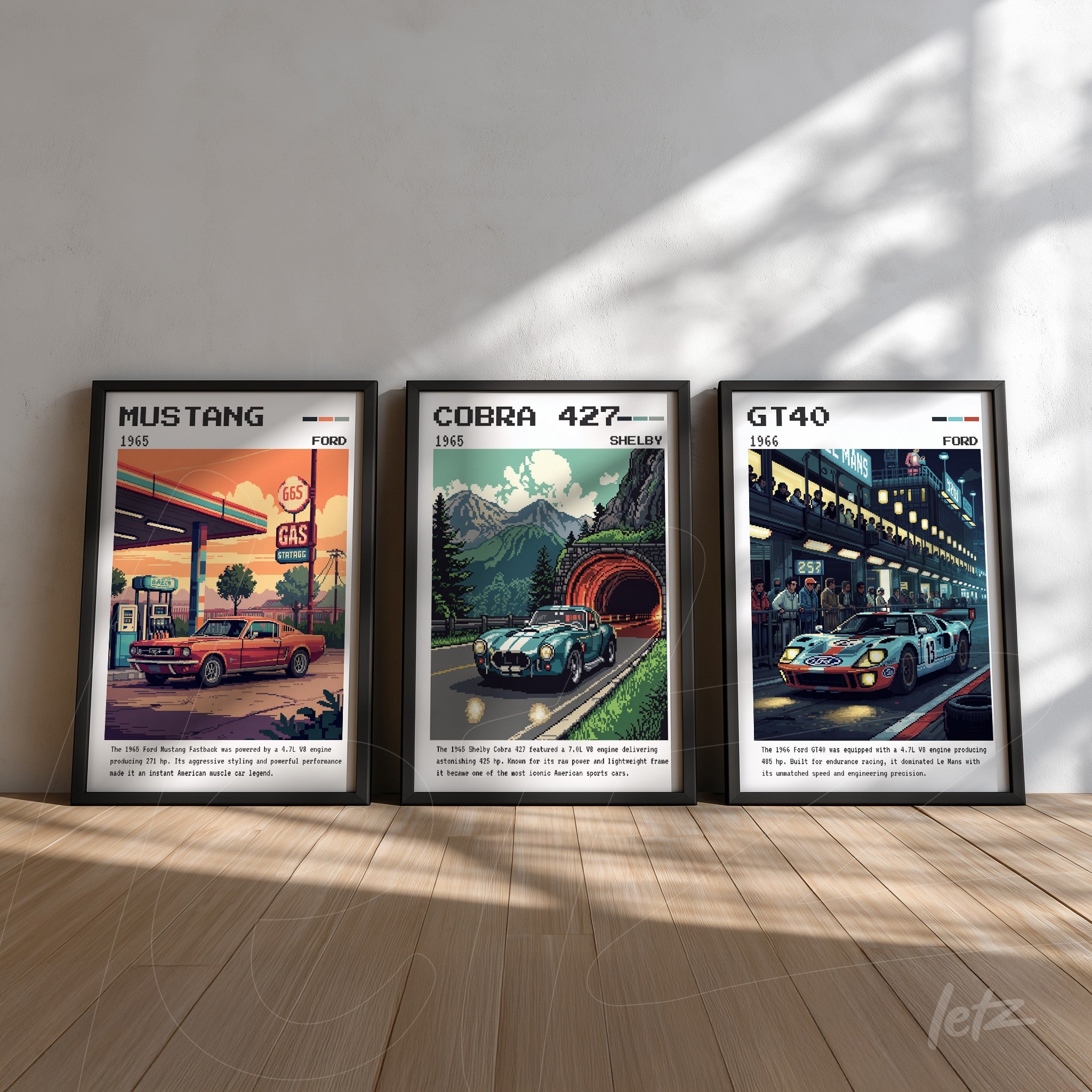 series of vintage style framed wall art depicting classic cars, featuring a 1965 mustang at a gas station, a 427 cobra on a mountain road, and a gt40 at a racetrack
