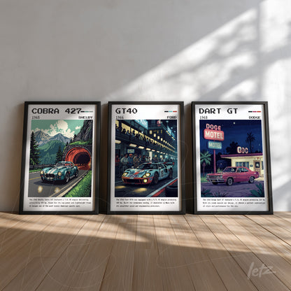 collection of three framed vintage car illustrations featuring a shelby cobra 427, a ford gt40, and a dodge dart gt displayed against a light wall and wooden floor