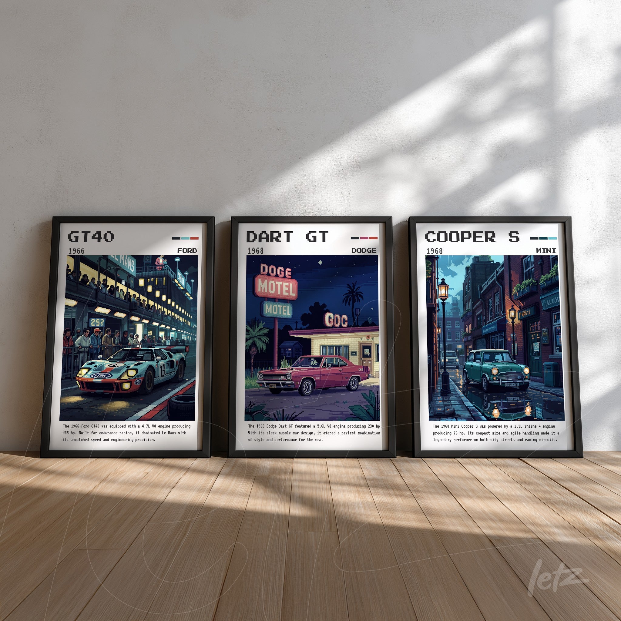 collection of framed wall art featuring classic cars GT40, Dart GT, and Cooper S displayed on wooden floor