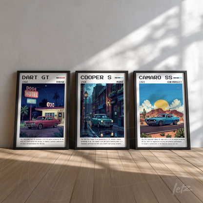 collection of framed wall art featuring classic cars including 1968 Dodge Dart GT, 1968 Mini Cooper S, and 1969 Chevrolet Camaro SS displayed on a light wood background