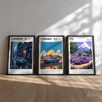 collection of framed vintage car illustrations featuring a 1968 Mini Cooper S, a 1969 Camaro SS, and a 1955 Citroën DS in black frames against a light background