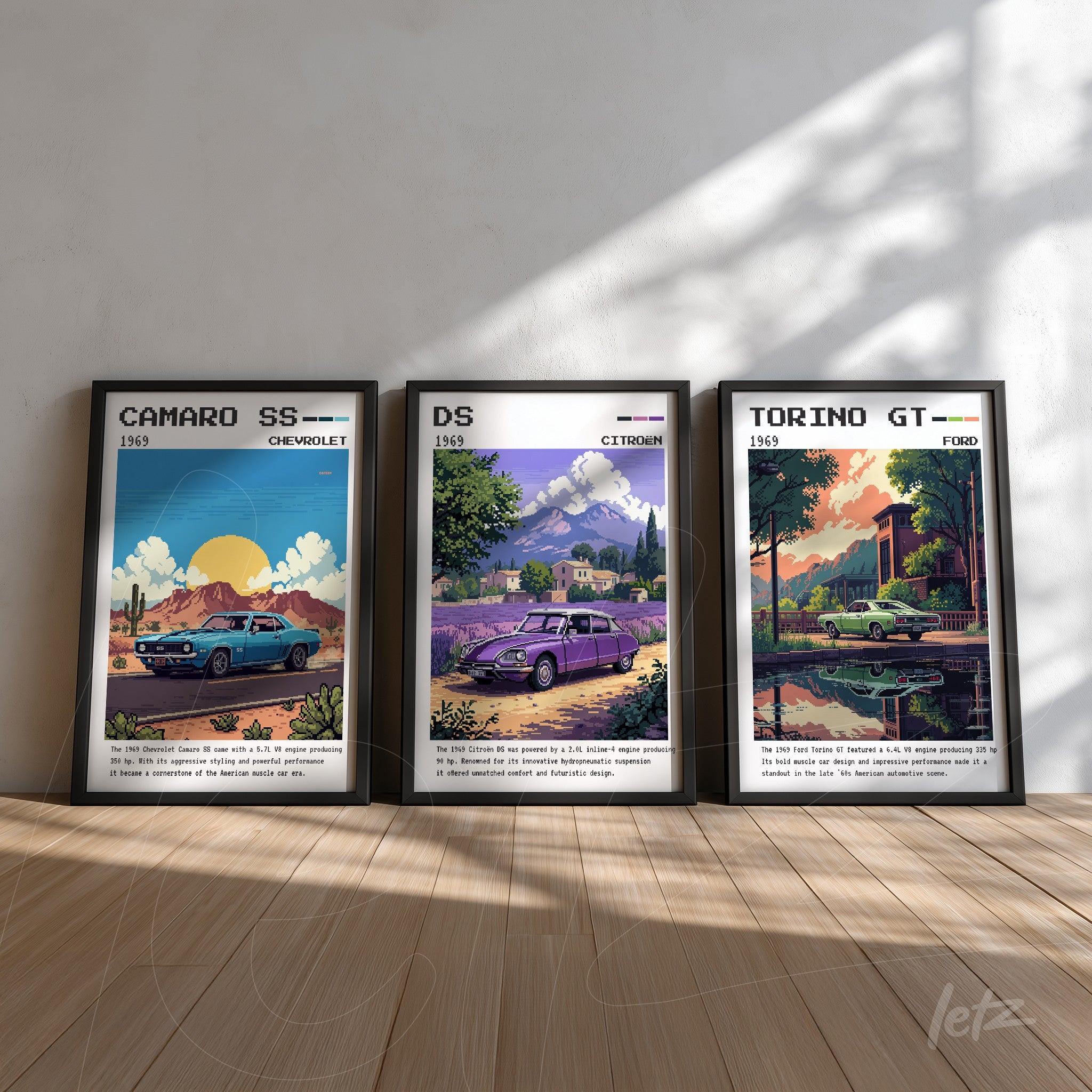 set of framed retro illustrations featuring classic cars, showcasing a 1969 camaro ss, a 1969 citroën ds, and a 1969 ford torino gt in black frames against a light wall