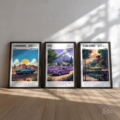 set of framed retro illustrations featuring classic cars, showcasing a 1969 camaro ss, a 1969 citroën ds, and a 1969 ford torino gt in black frames against a light wall