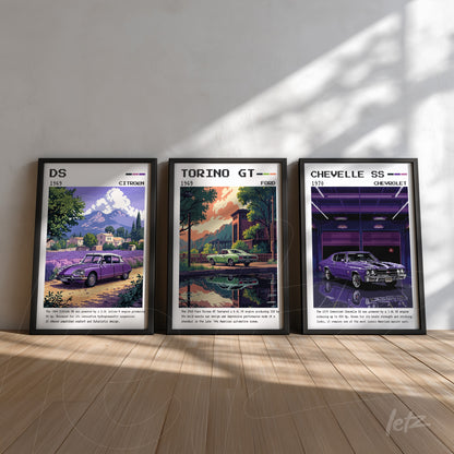 composition of three framed wall arts showcasing vintage cars, featuring a 1956 Citroën DS, a 1969 Ford Torino GT, and a 1970 Chevrolet Chevelle SS against a light background and wooden floor