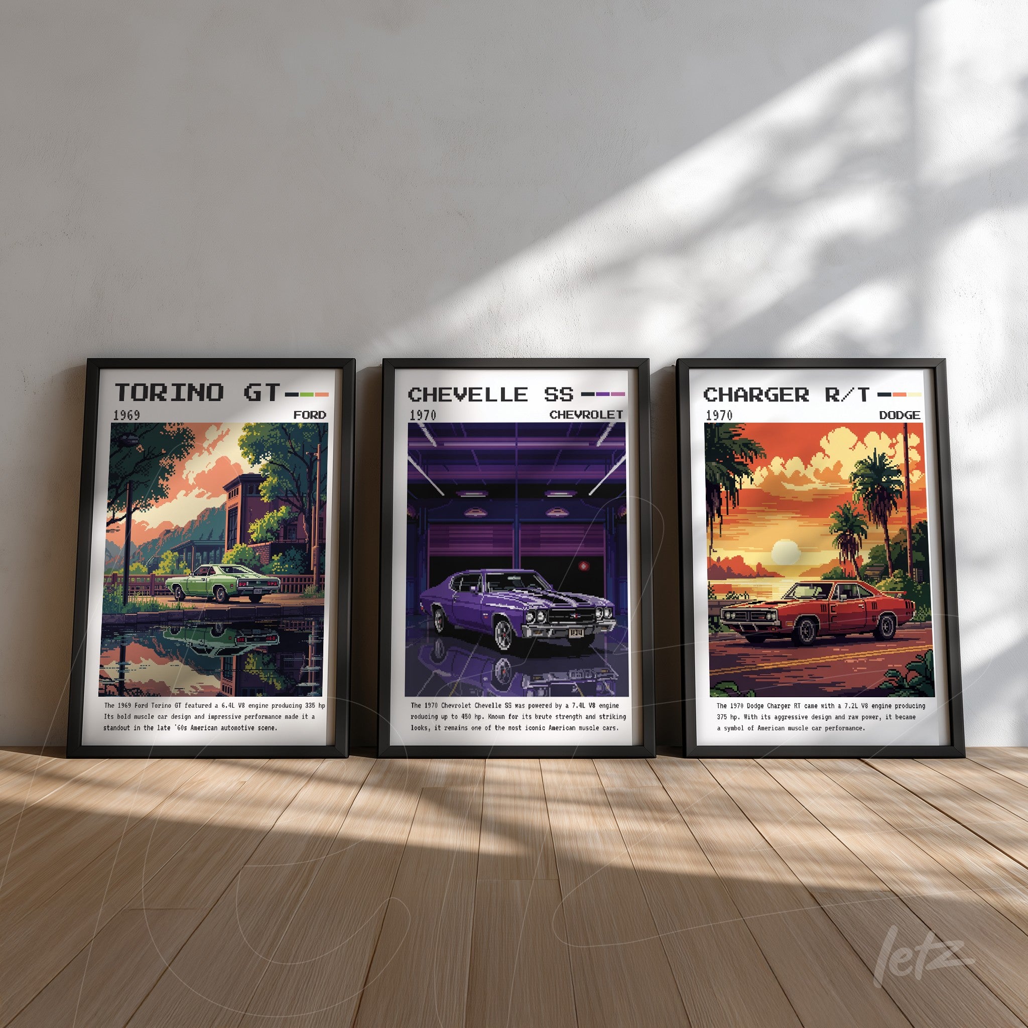 series of framed wall art featuring classic cars with colorful backgrounds, including 1965 Ford Torino GT, 1971 Chevrolet Chevelle SS, and Dodge Charger R/T