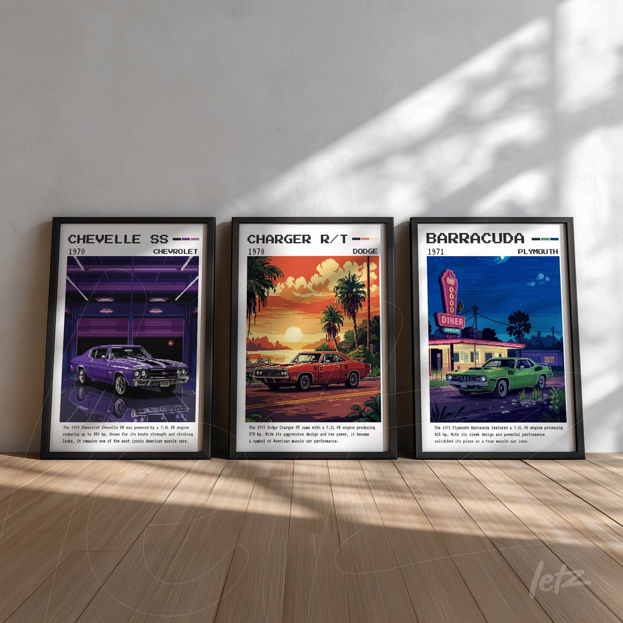 set of framed wall art featuring classic 1970s cars with vibrant backgrounds, including chevrolet chevelle ss, dodge charger r/t, and plymouth barracuda