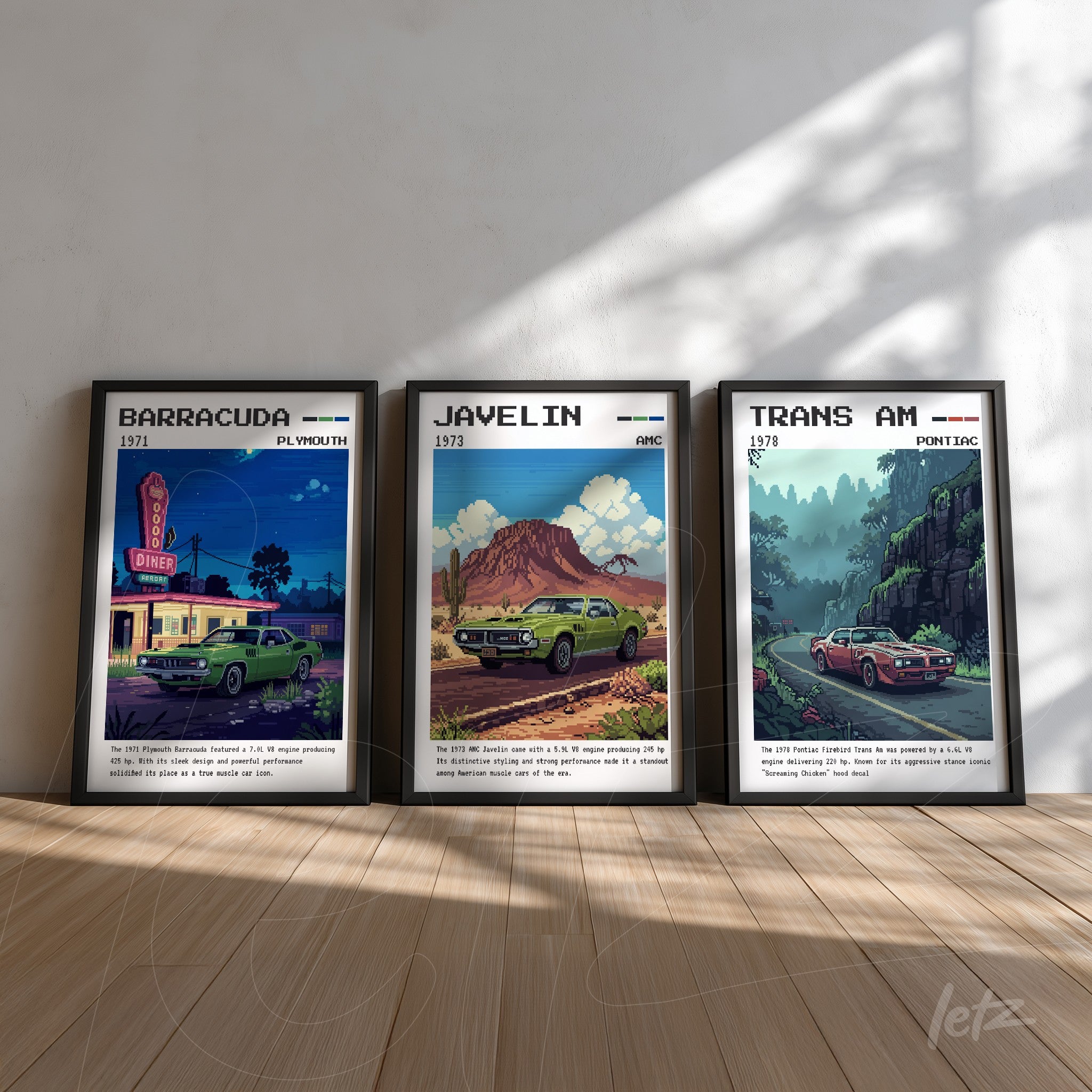 set of framed wall art showcasing classic cars: 1971 Barracuda at a diner, 1973 Javelin in a mountainous scene, and 1979 Trans Am on a winding road, all displayed in bold black frames