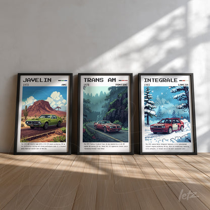 framed wall art composition featuring vintage illustrations of classic cars, including 1973 Javelin in a desert scene, 1973 Trans Am on a mountain road, and 1993 Integrale in a snowy setting
